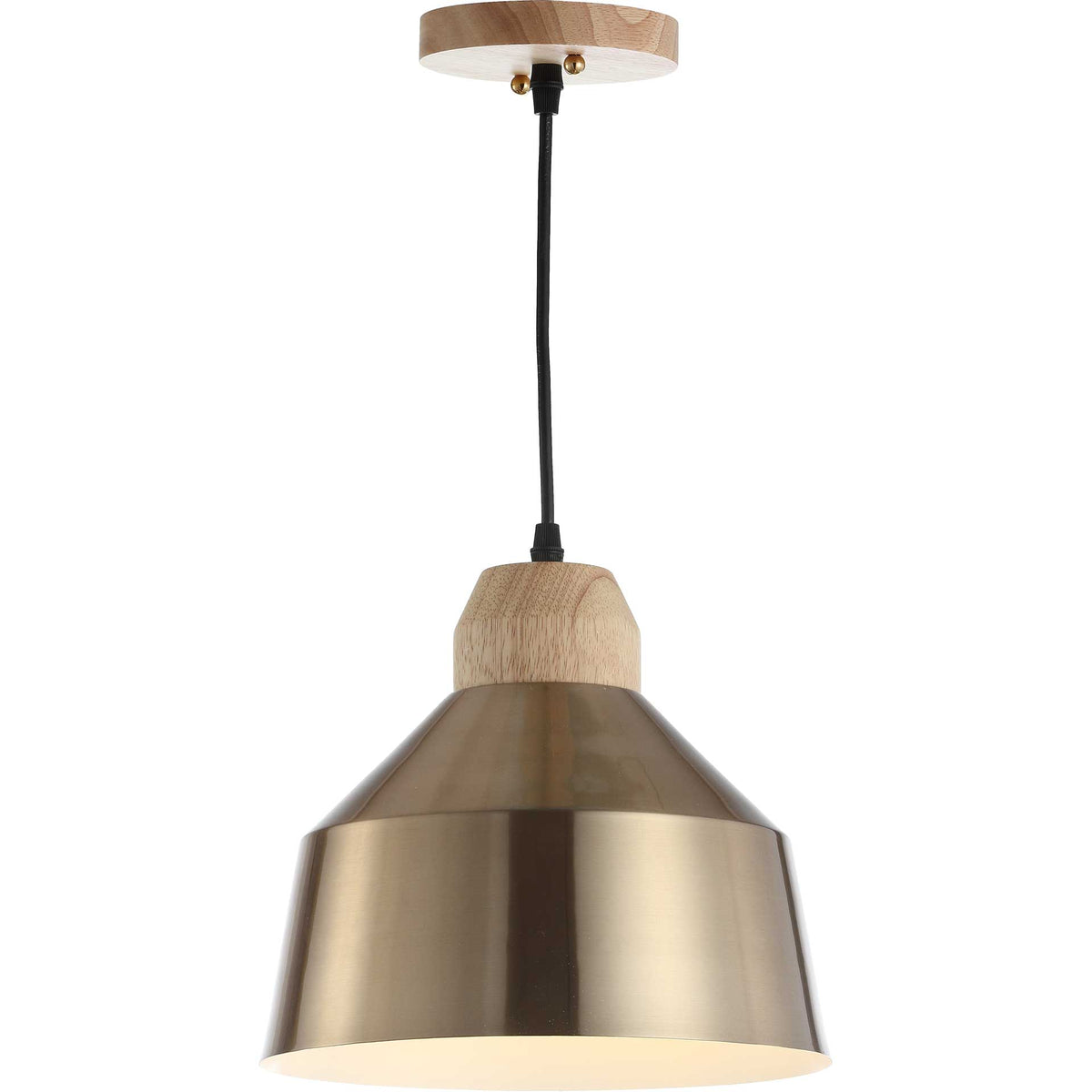 Warm light spills beneath a tapered gold shade with a light wood collar and black cord