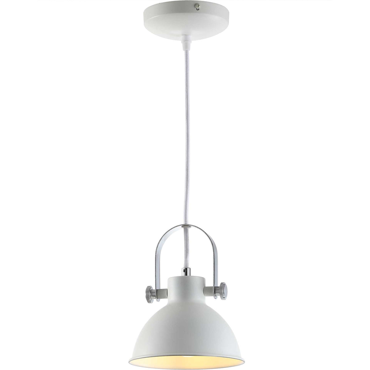 Soft golden light glows beneath a crisp white metal shade and polished support