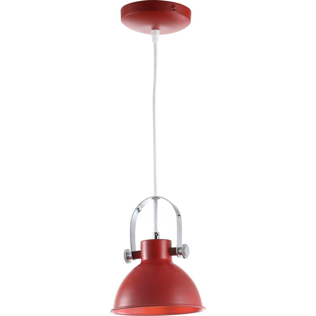 Warm light shines beneath a vivid red dome shade hung from a polished metal bracket