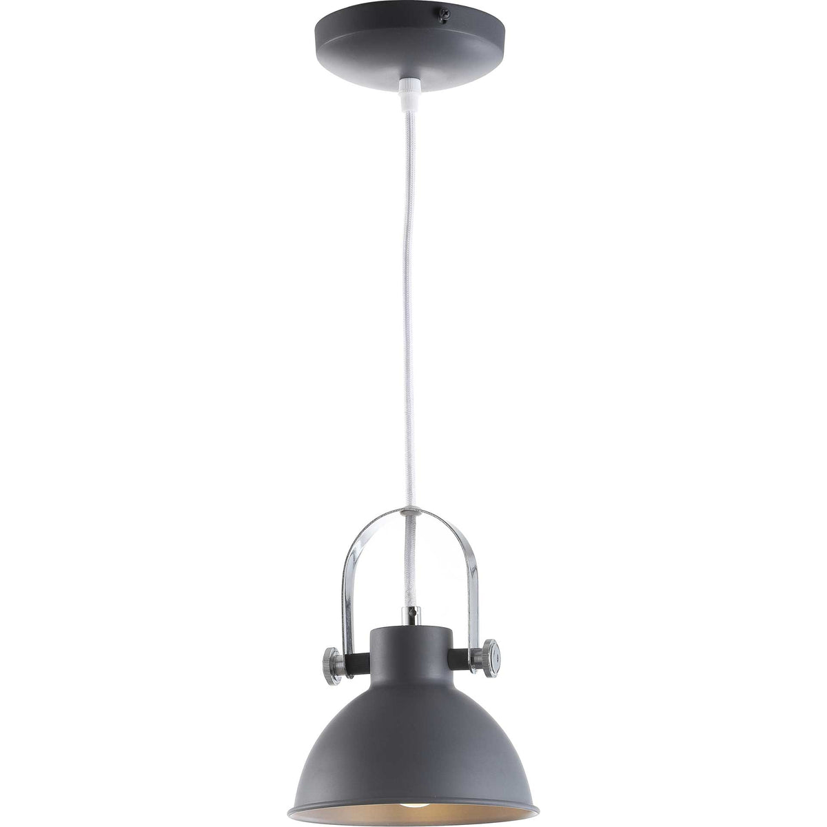 Warm light glows beneath a charcoal dome shade suspended from a white cord and silver-tone bracket