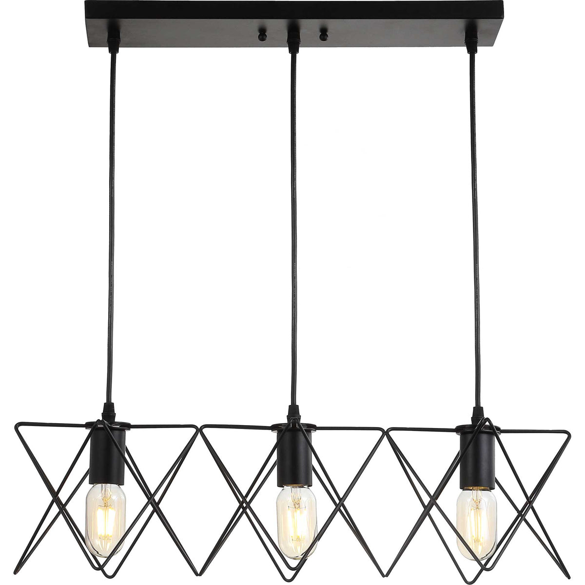 Three glowing bulbs illuminate the angular black wire shades of this linear pendant