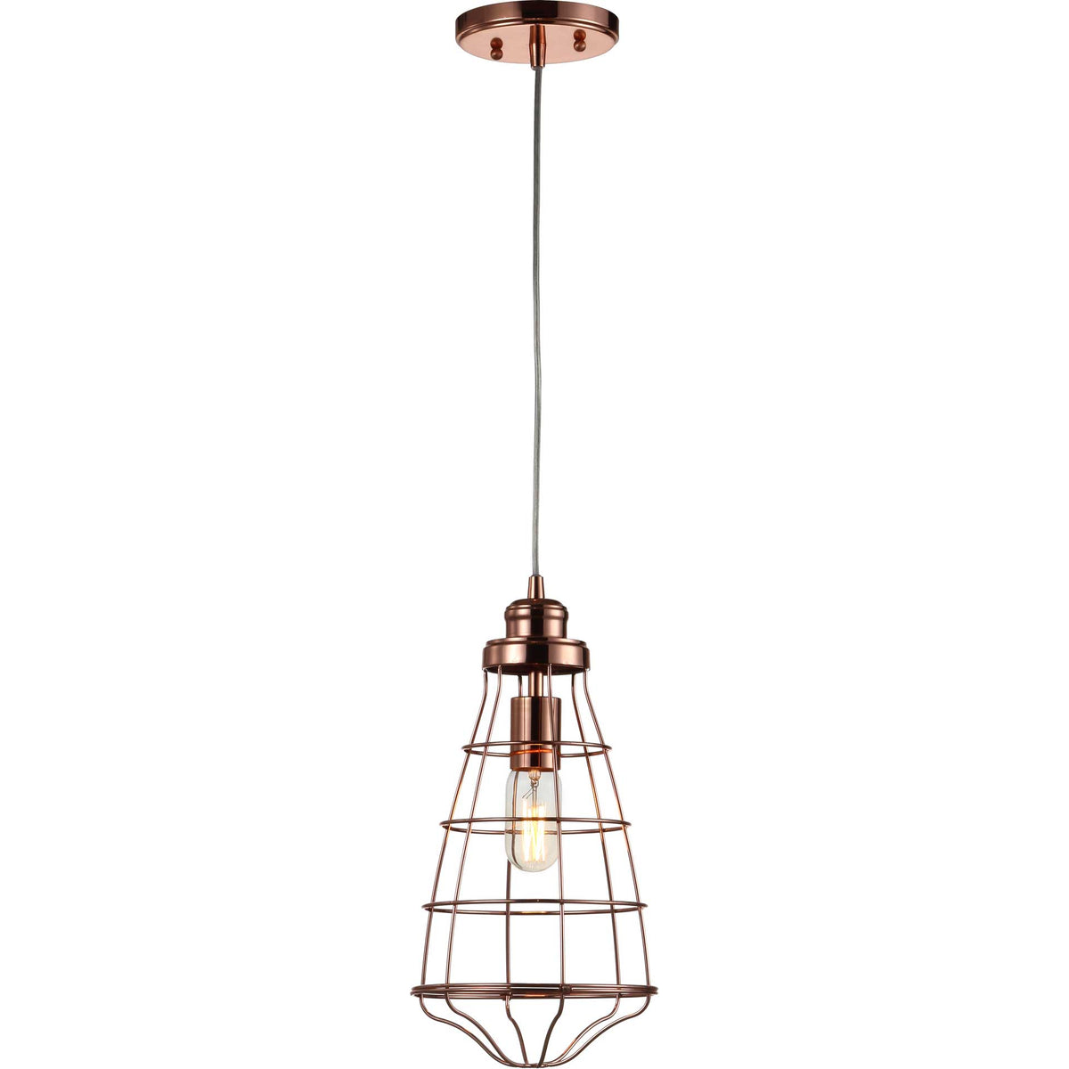 A glowing tubular bulb adds warmth to the pendant's tapered rose-gold wire cage.