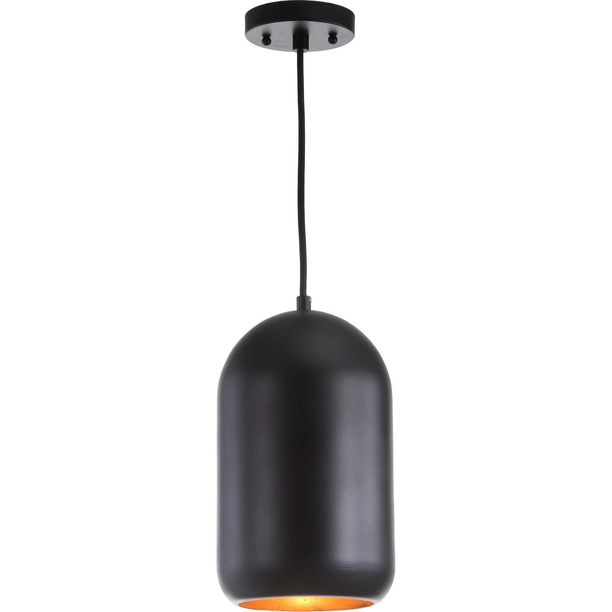 Warm light glows beneath the black pendant's gently domed, cylindrical shade