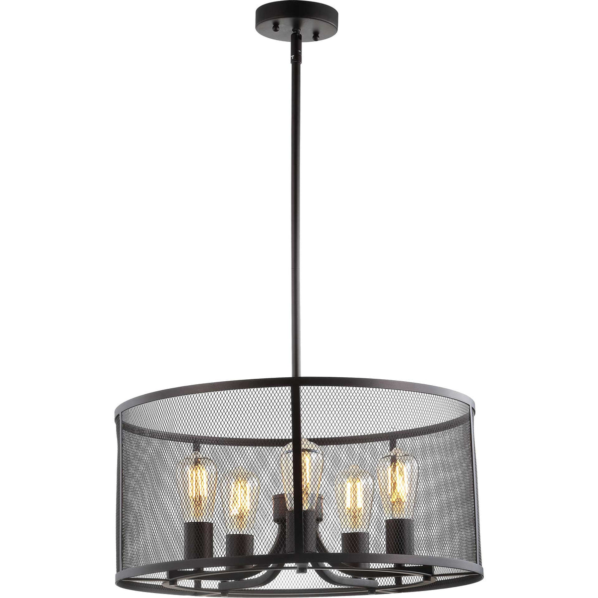 Five glowing bulbs cast warm light through the cylindrical black mesh shade