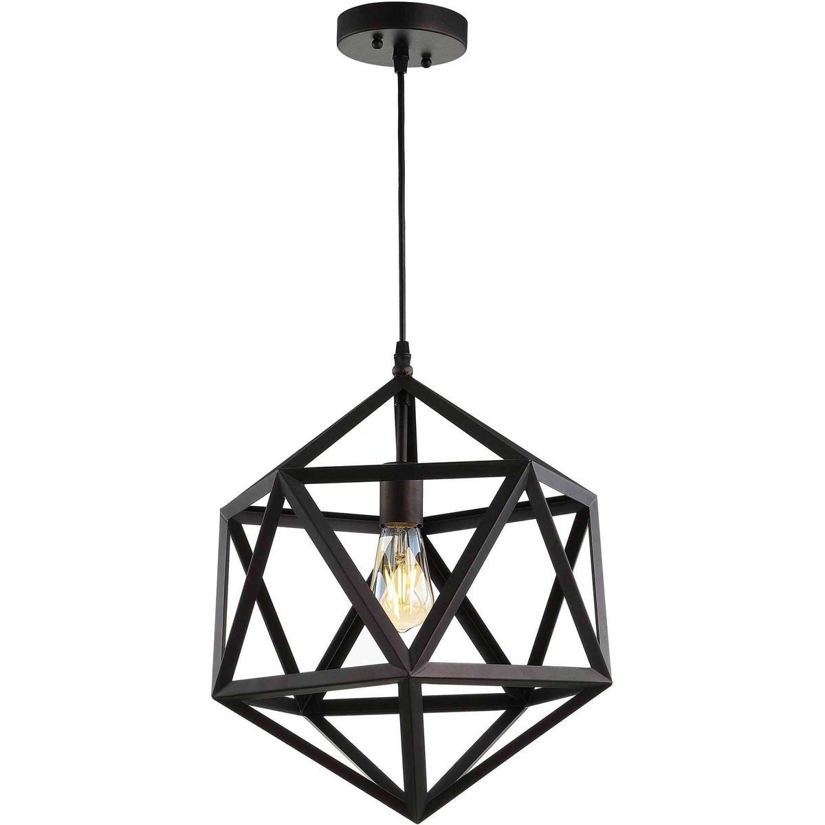 An illuminated bulb glows within the pendant's angular open metal framework.