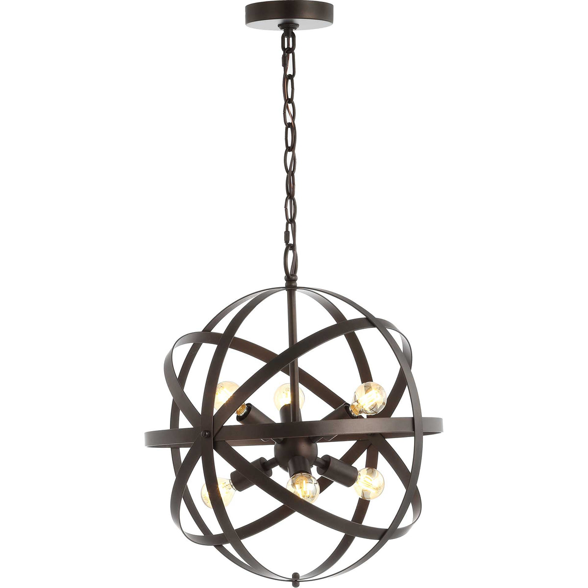 Six glowing globe bulbs cast warm light through the pendant's open metal rings.