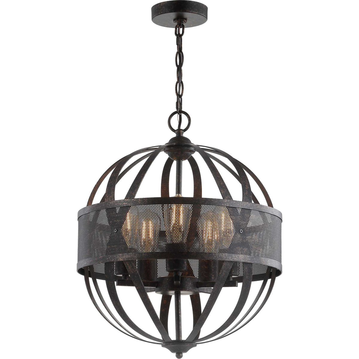 Five glowing bulbs illuminate a black metal orb pendant with a textured mesh band