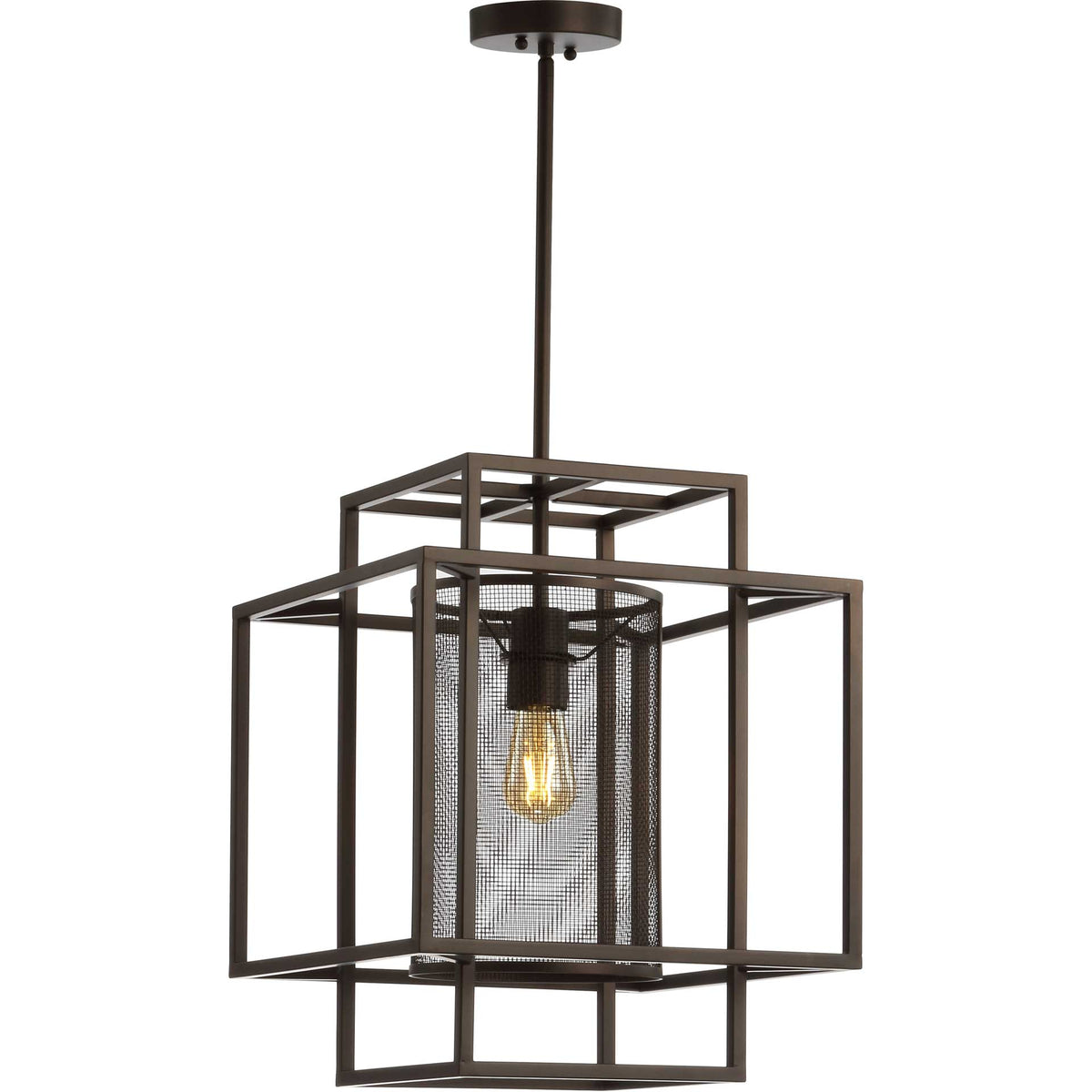 A warm bulb glows through a mesh shade framed by overlapping dark metal cubes