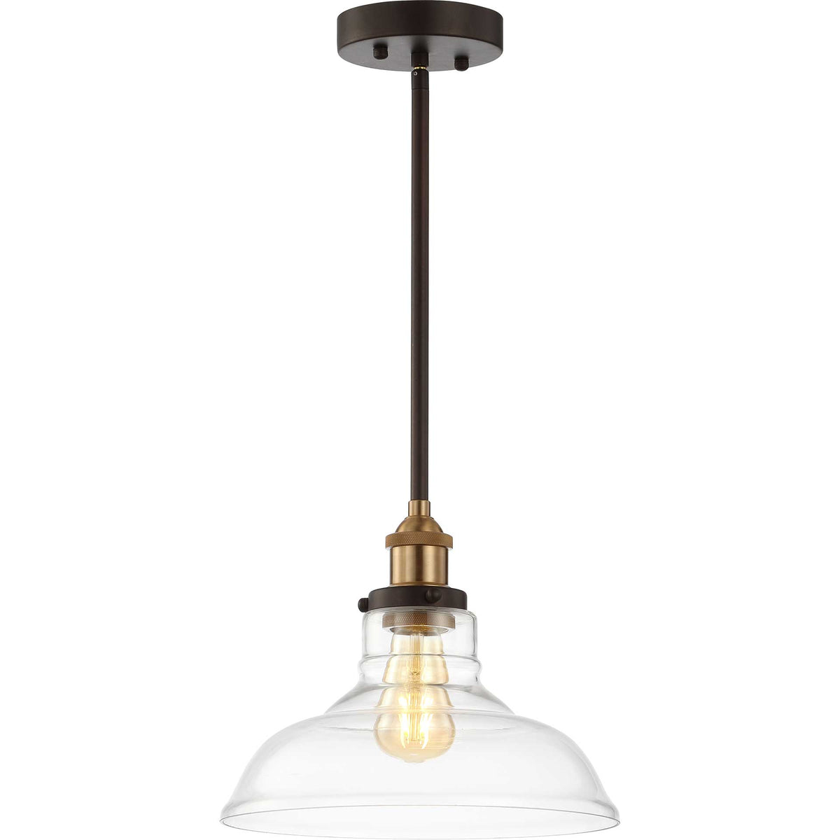 An amber bulb glows inside a clear glass dome beneath brass-toned fittings.