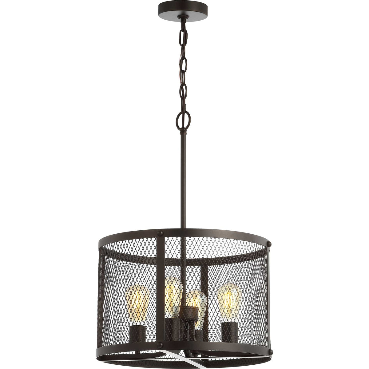 Four glowing bulbs cast warm light through the openwork metal drum shade.