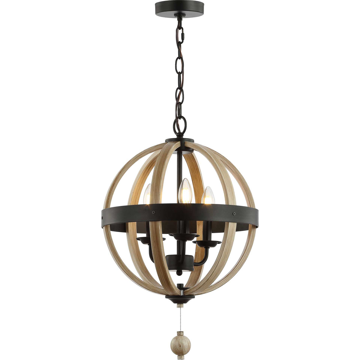 Three glowing bulbs illuminate curved brown ribs beneath a dark metal band and above a beaded drop.