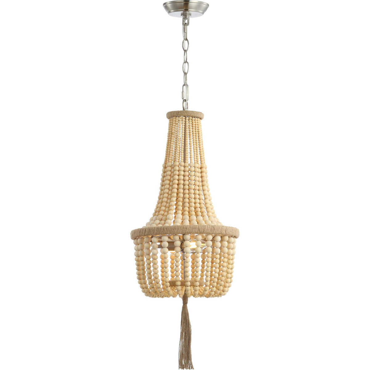Warm light filters through rows of wood beads beneath a rope-trimmed crown and above a dangling tassel