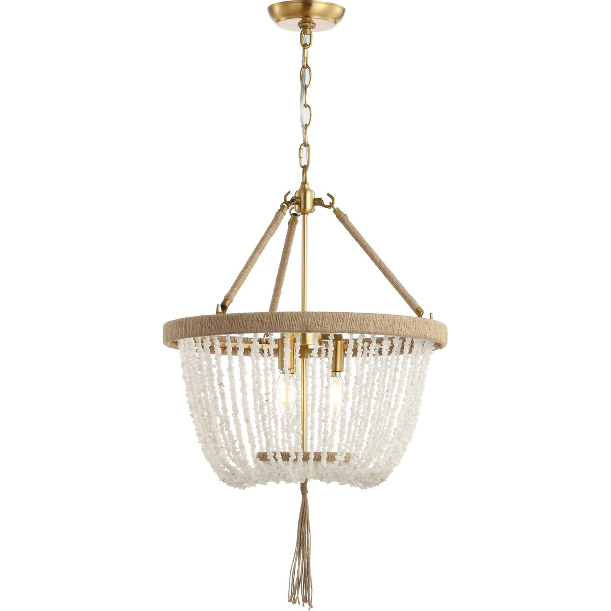 Three lights illuminate curved white bead strands beneath a rope-wrapped rim and gold chain