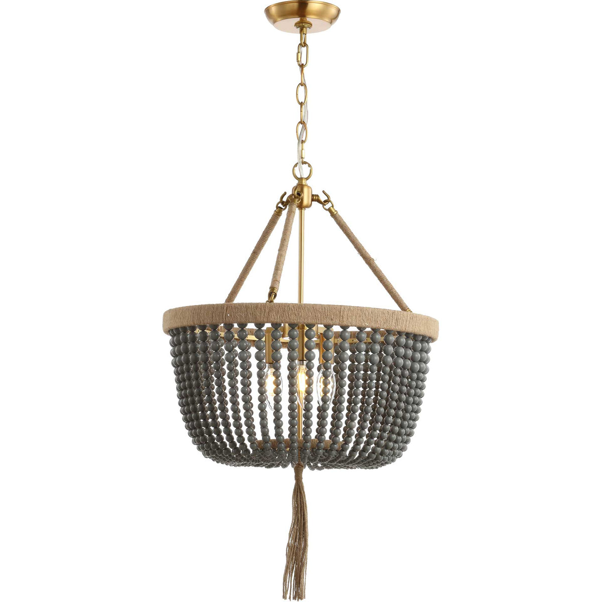 Warm light shines through a dark gray beaded bowl with rope-wrapped supports and a tassel