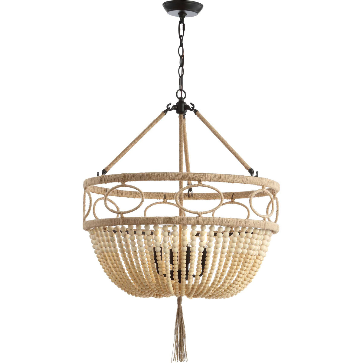 Four lights glow behind draped wood beads, rope accents, and a bronze hanging chain