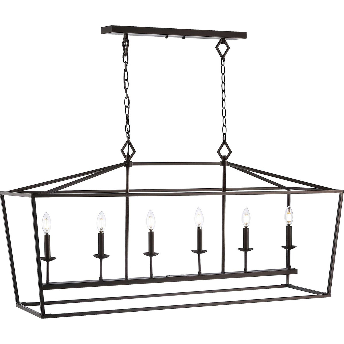 Six glowing candle bulbs illuminate a geometric bronze pendant suspended by twin chains