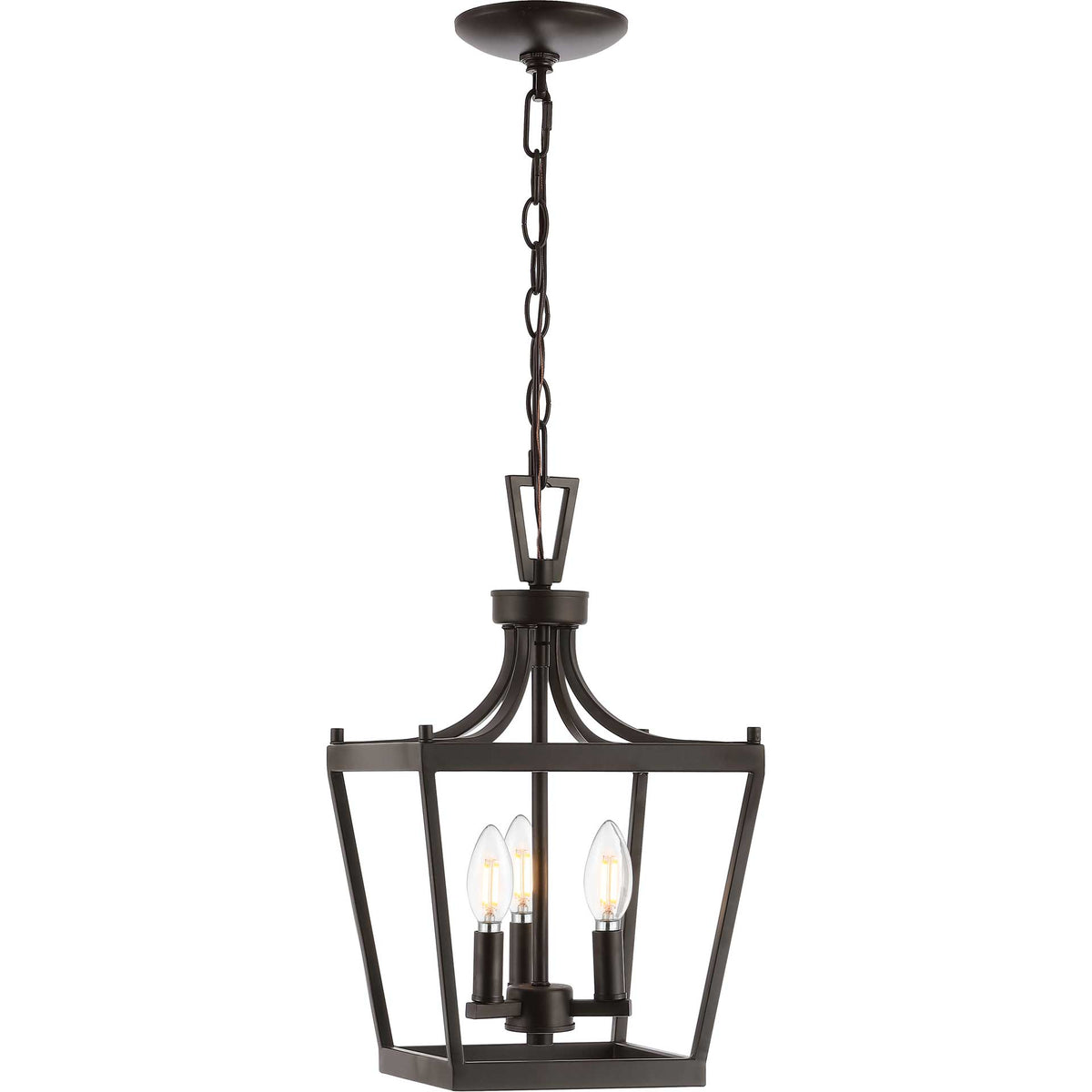 Three glowing bulbs illuminate the tapered bronze lantern frame