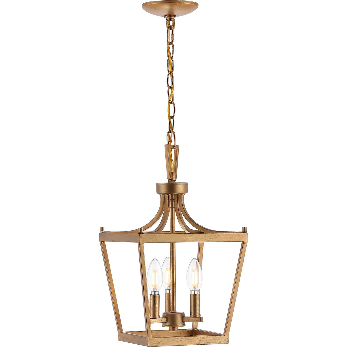 Three glowing candle-style bulbs illuminate the open gold lantern frame