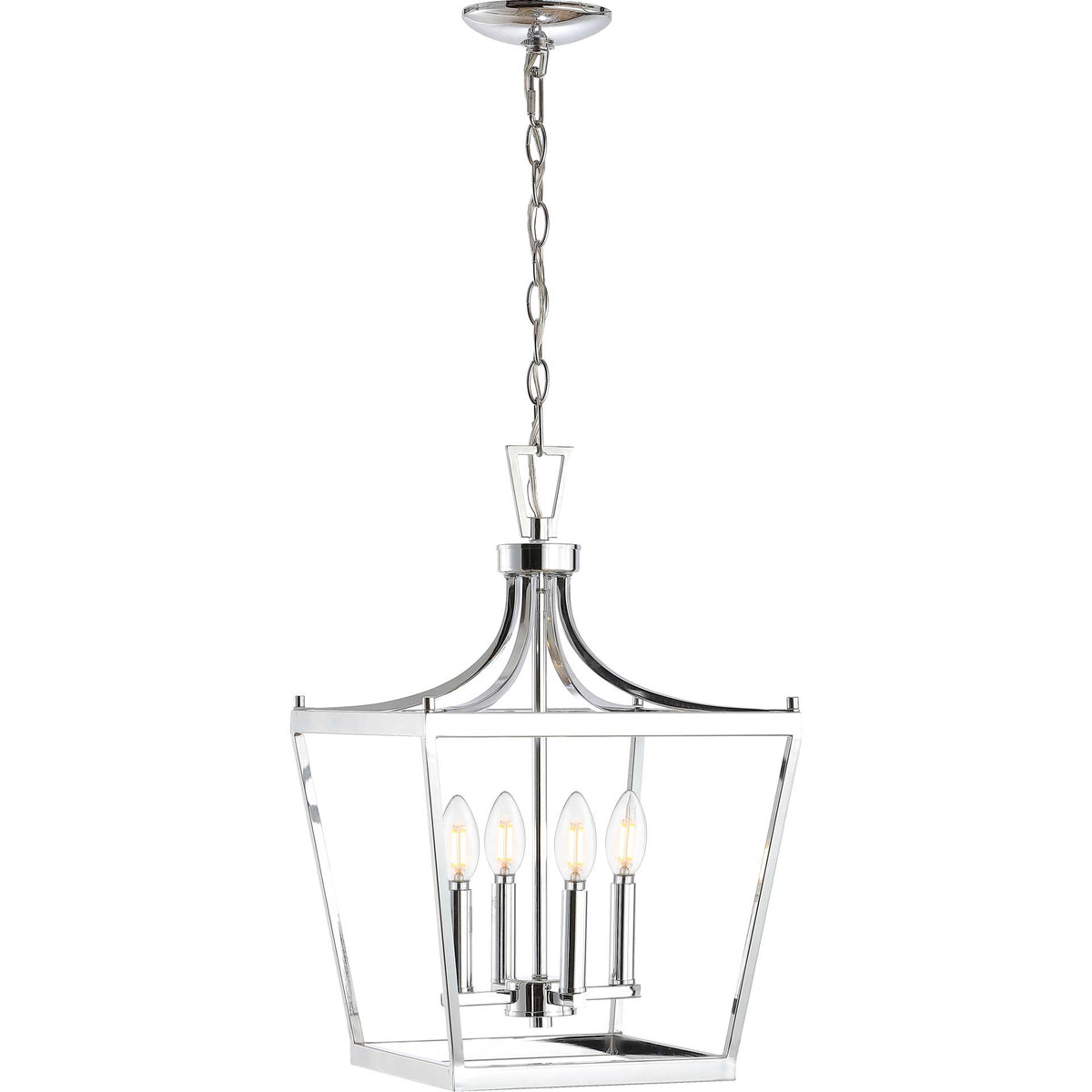 Four glowing candle-style bulbs shine beneath curved chrome supports
