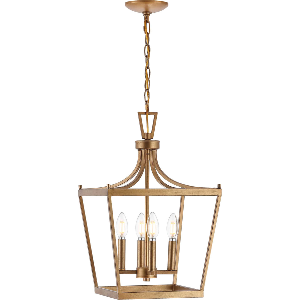 Four glowing candle-style bulbs illuminate an open, tapered gold metal frame