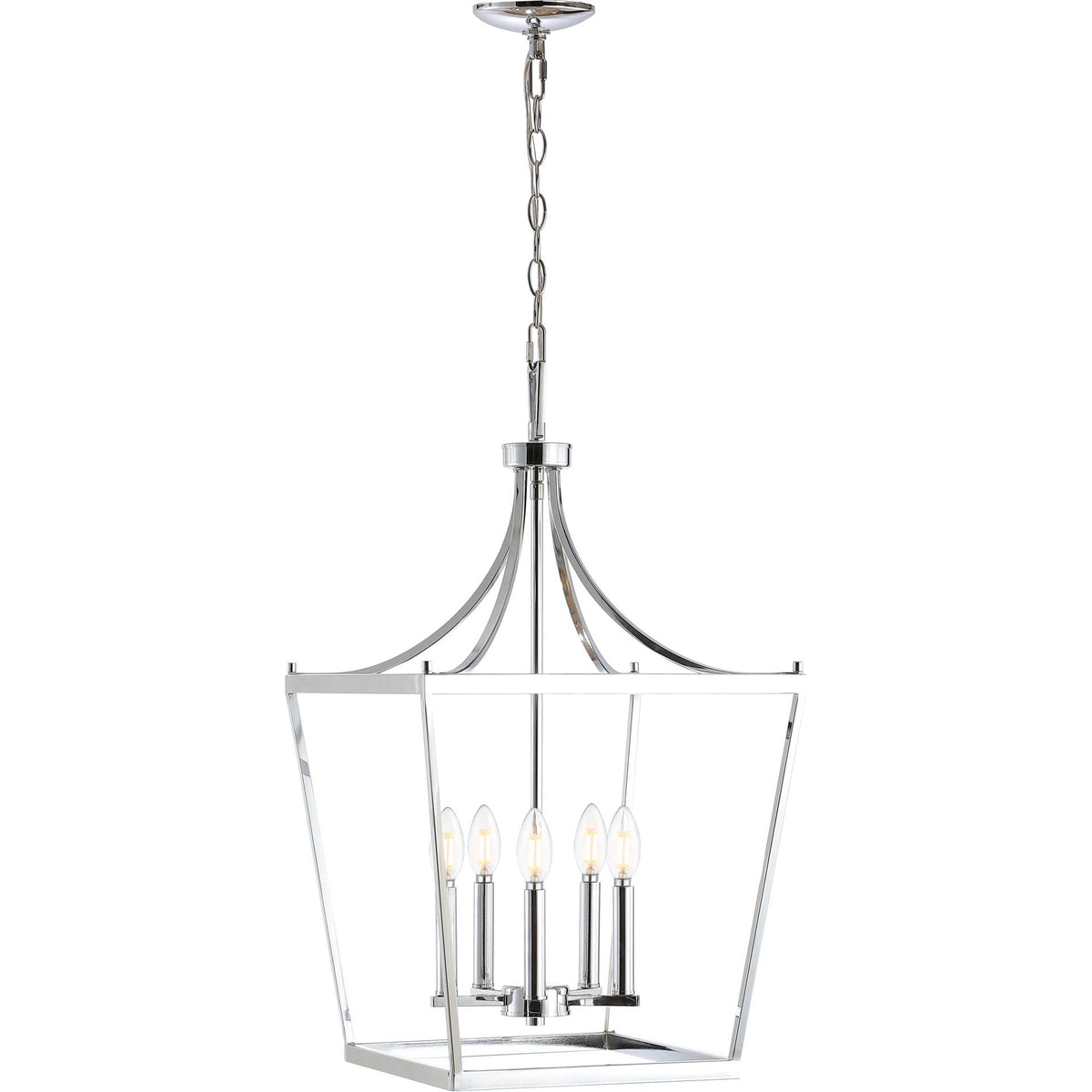 Five warm bulbs glow inside an airy chrome frame suspended from a chain.