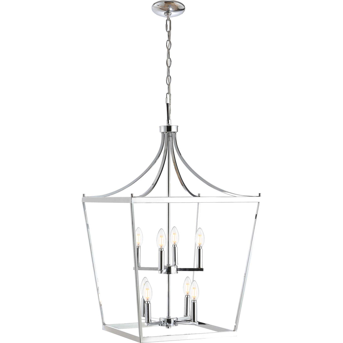 Eight lit candle bulbs shine beneath the curved supports of a polished chrome lantern pendant.