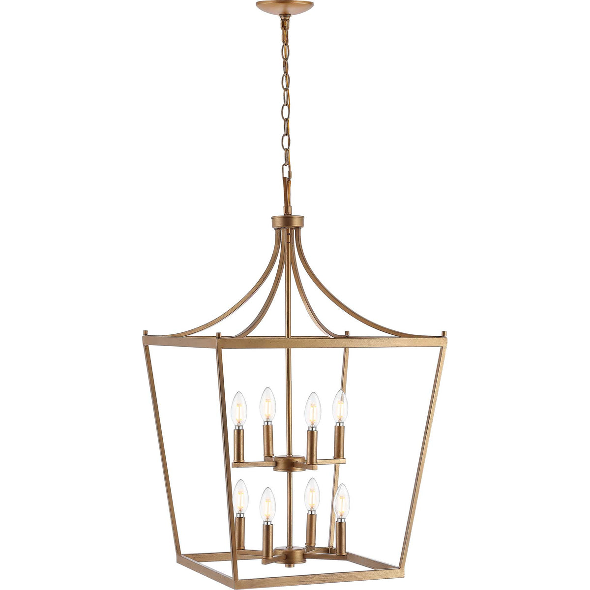 Eight illuminated candle bulbs accent the gold lantern frame and its graceful arched supports.