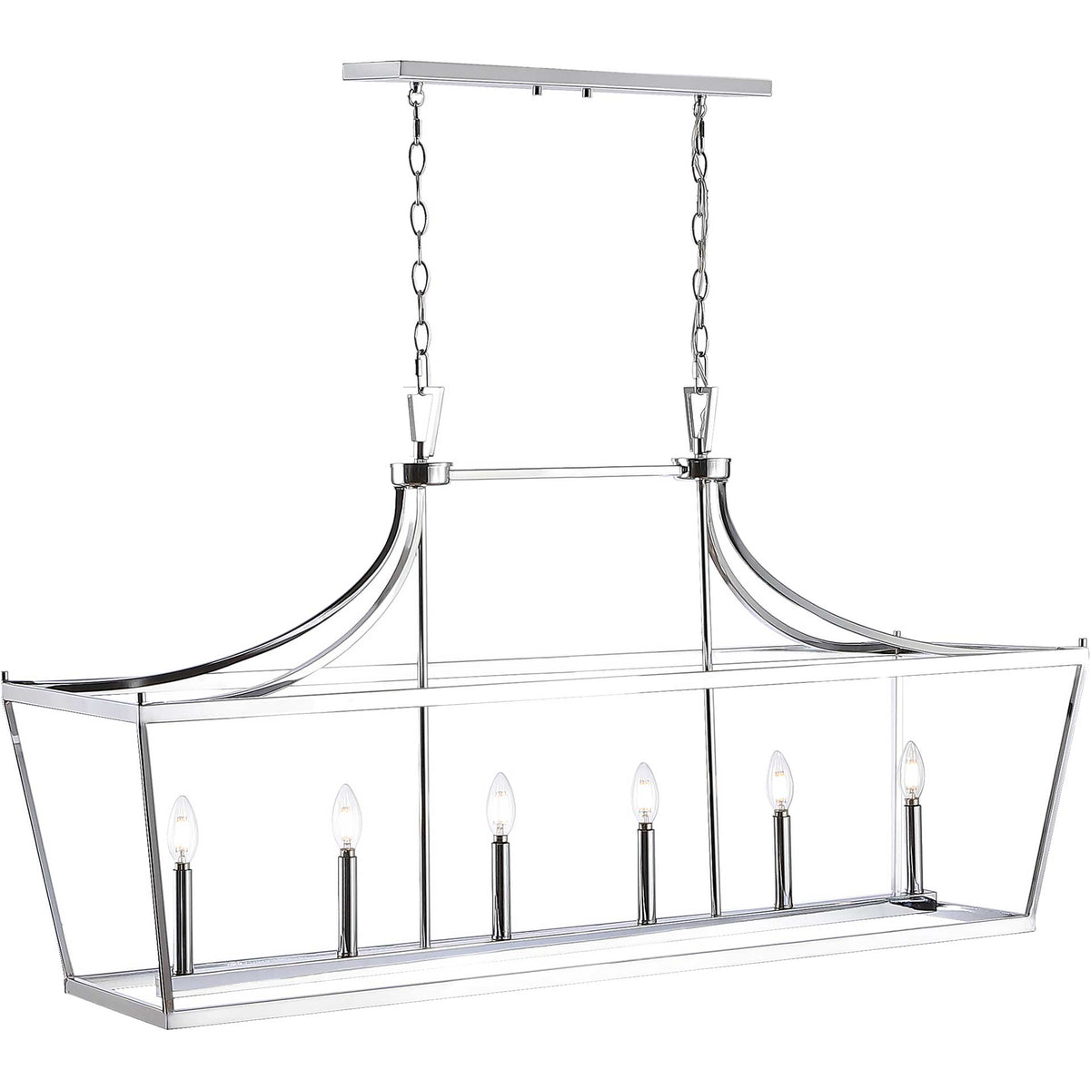 Six glowing bulbs brighten the open chrome frame, suspended by paired chains from a slim canopy.