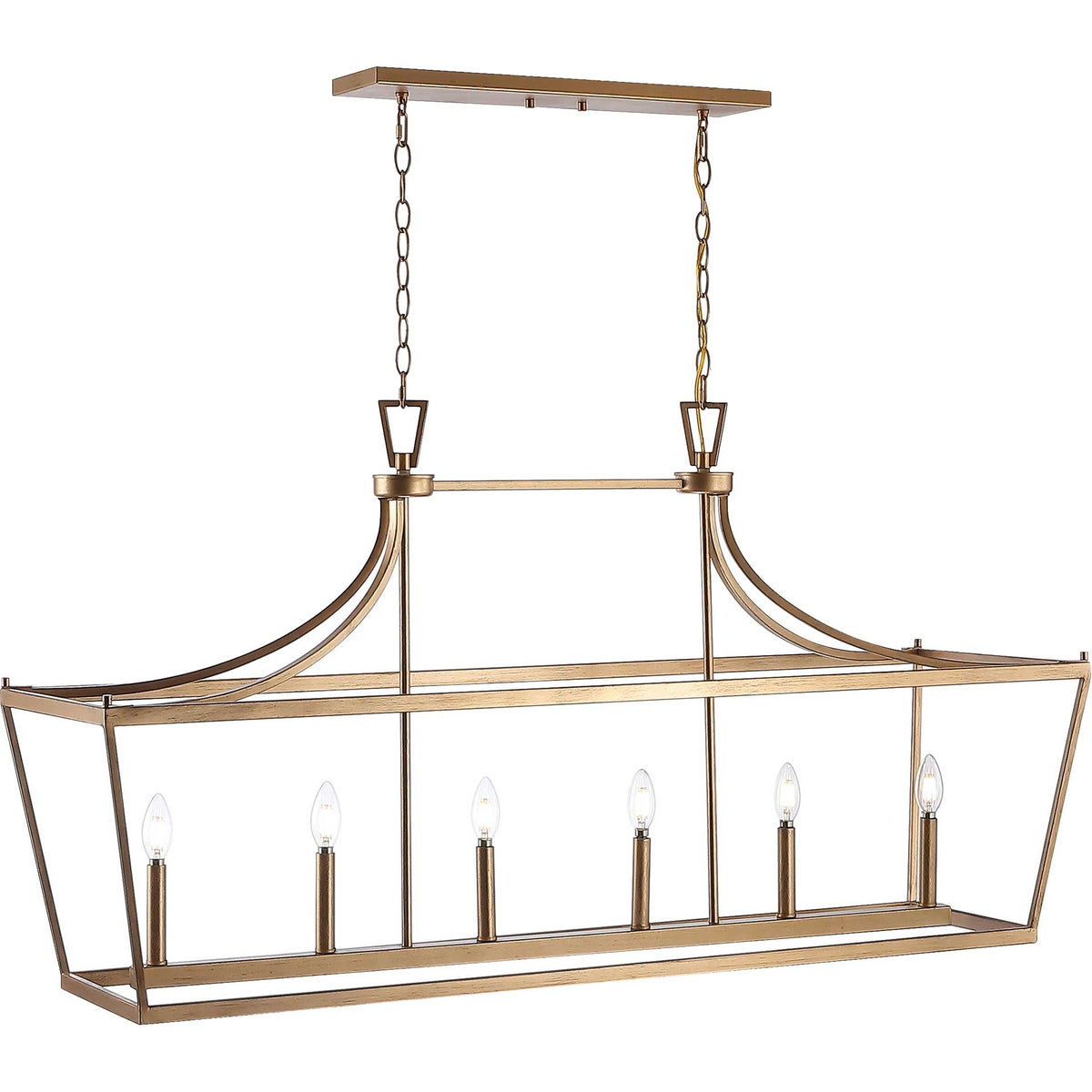 Six glowing candle bulbs shine within a gold open frame suspended by two chains.
