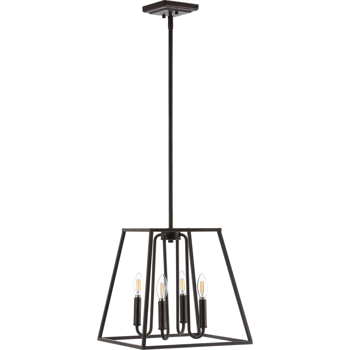 Four glowing candle-style bulbs brighten a tapered bronze frame