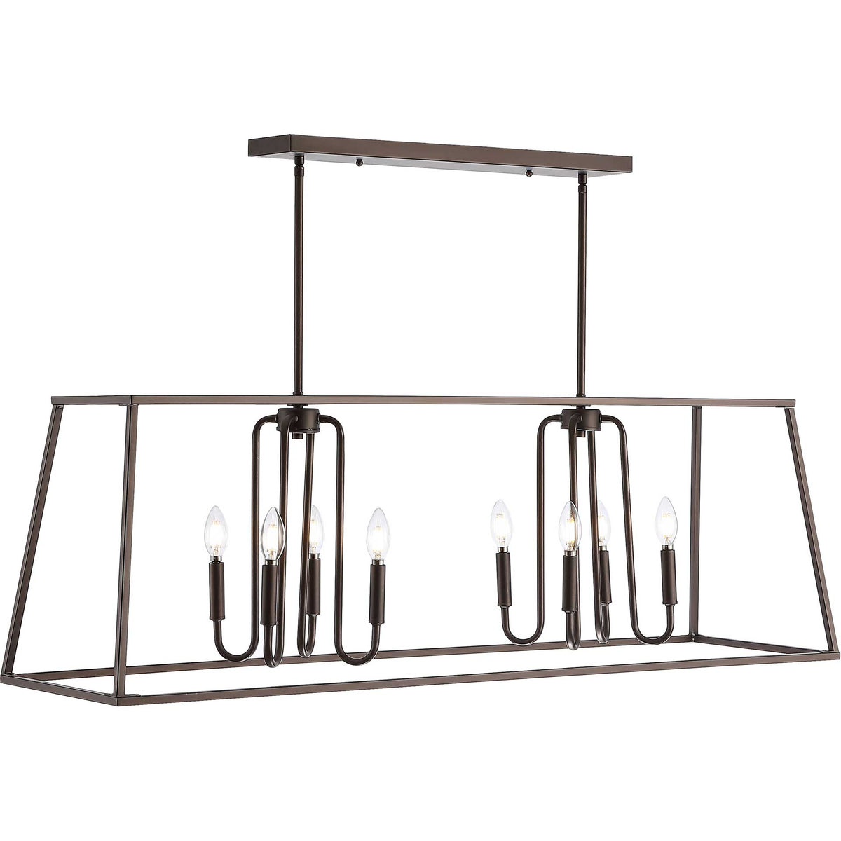 Eight glowing candle-style bulbs illuminate an airy bronze frame beneath a rectangular canopy.