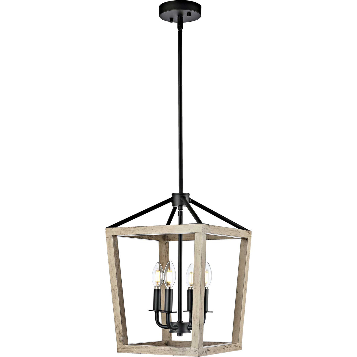 Four glowing bulbs illuminate an open wood cage with contrasting black iron accents