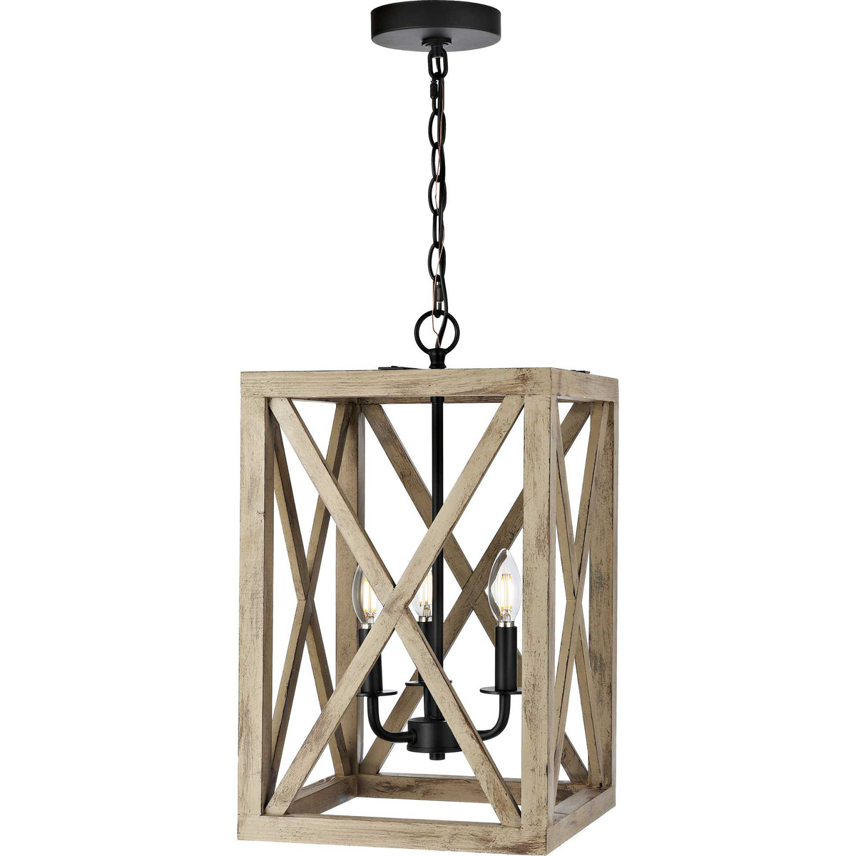 Candle-style bulbs glow within an open wood lantern frame with crisscross sides