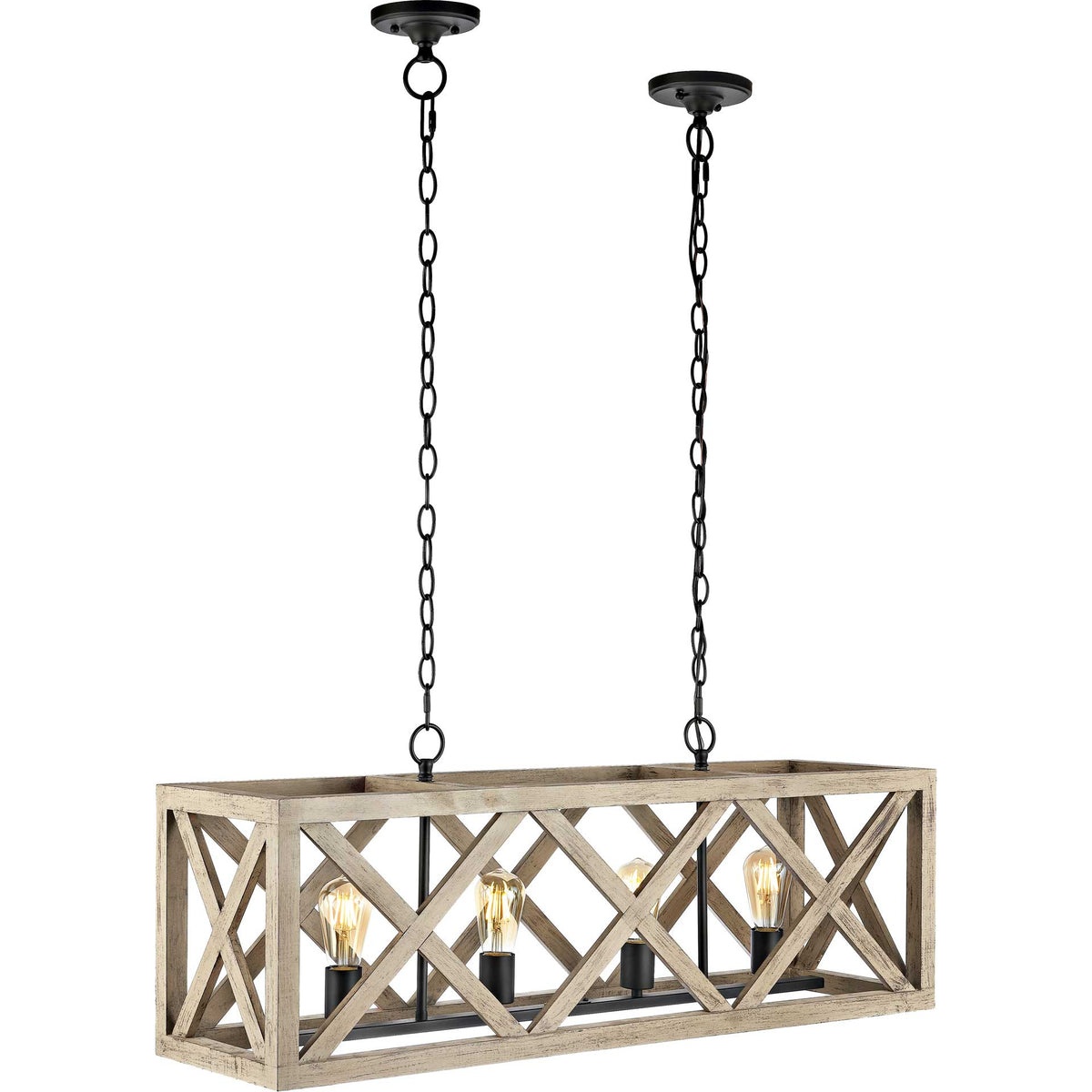 Warm bulbs glow within an open wood lattice frame accented by black iron