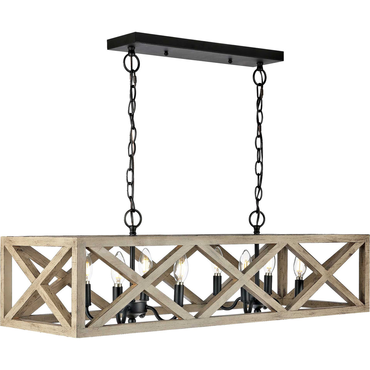 Eight candle bulbs glow through cross-braced wood, supported by black iron arms and hanging chains.