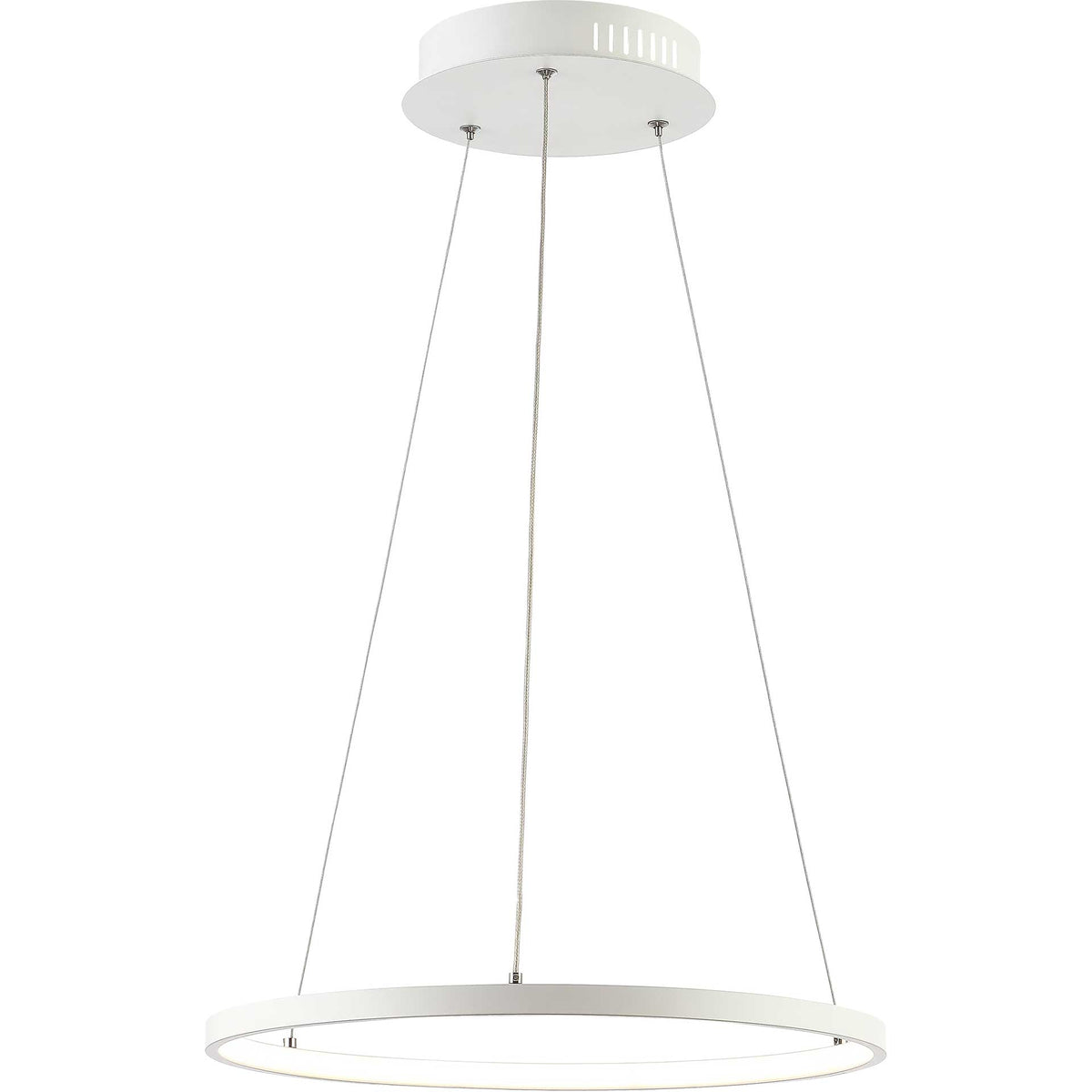 A glowing LED band lines the white circular pendant for soft, warm downlighting.