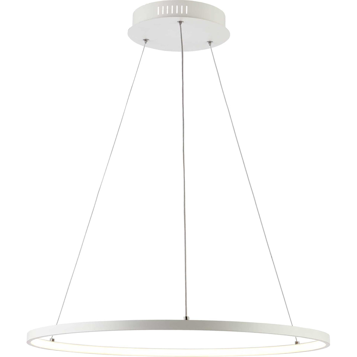 A circular white pendant shines with warm integrated LED light beneath its matching canopy.