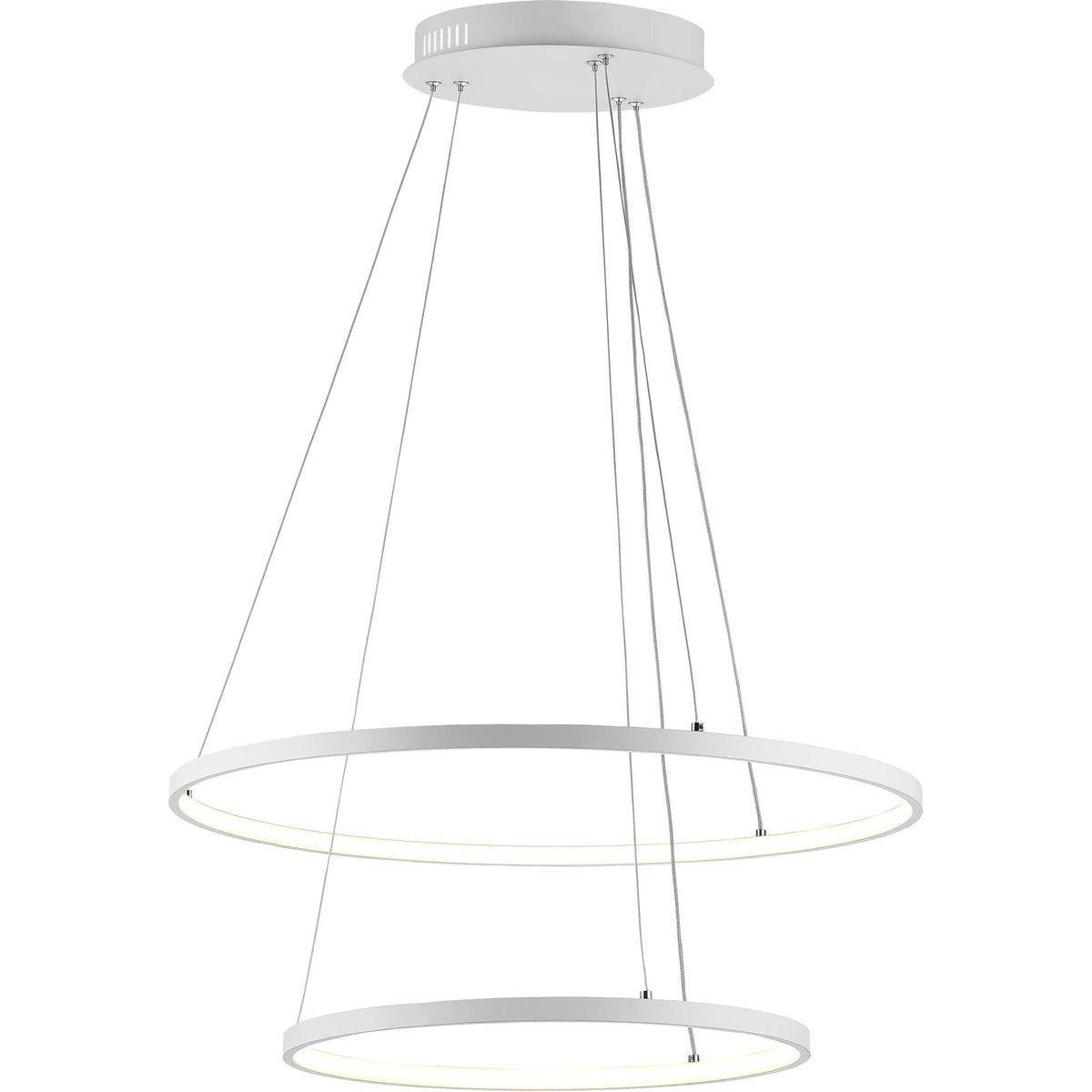 Glowing white LED rings layer warm light in a sleek, modern pendant