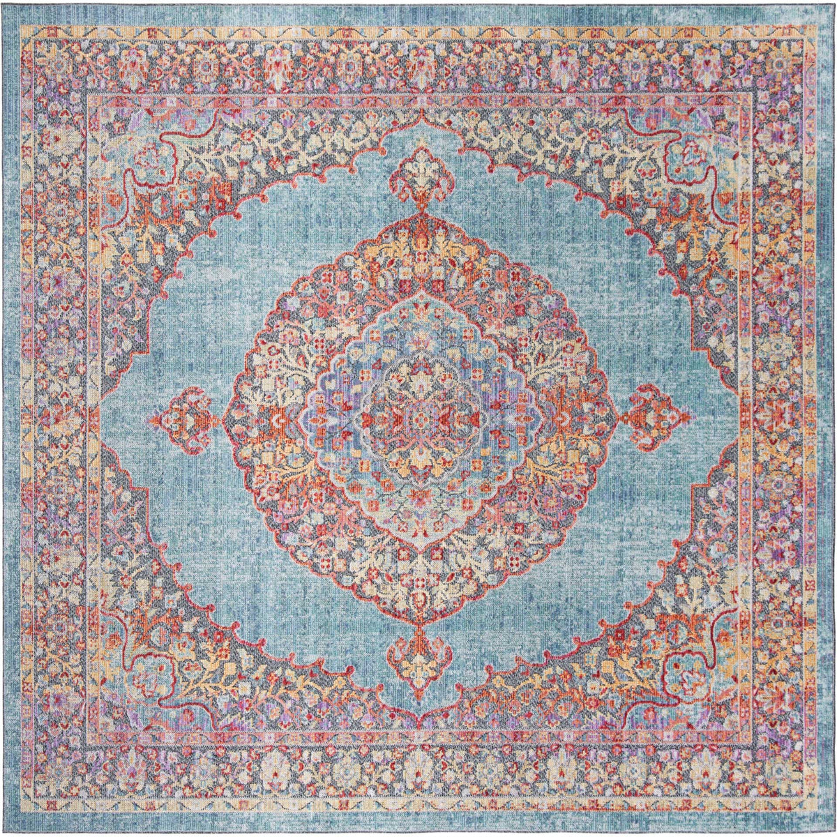 Square aqua rug with an ornate floral medallion and intricate multicolor border