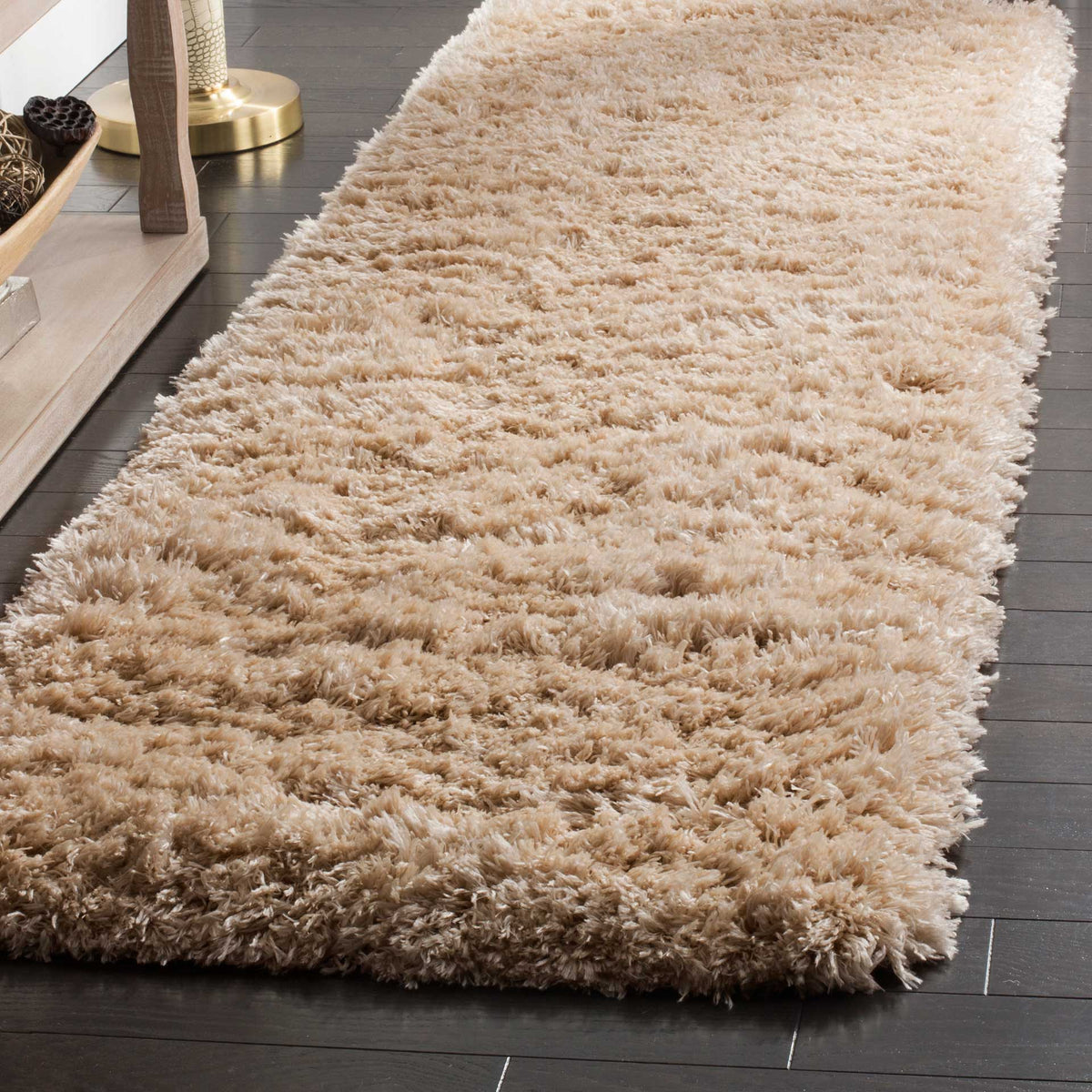 Fluffy beige shag adds warmth and soft texture along a dark wood floor