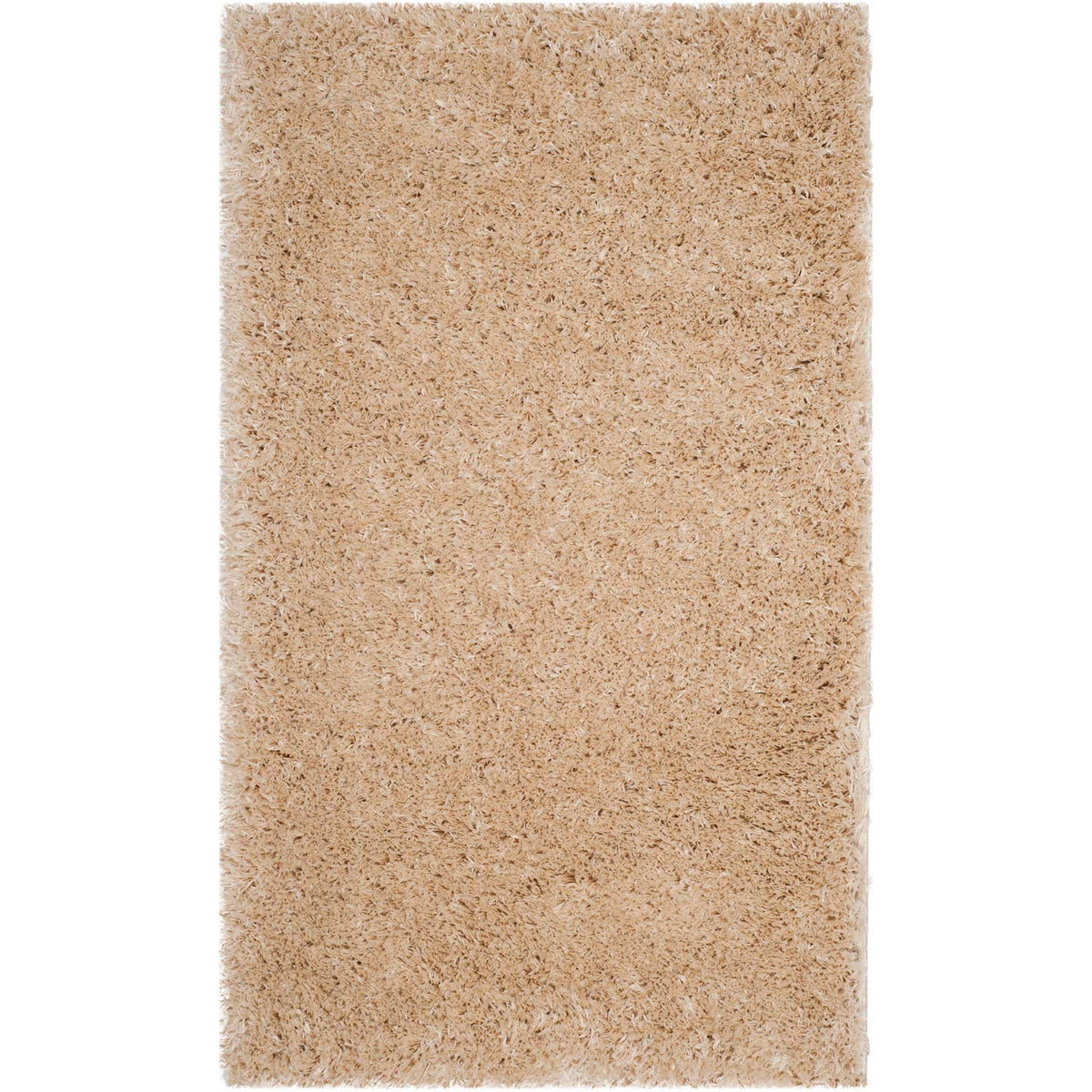 A compact light beige shag rug layers fluffy comfort over a simple rectangular shape.