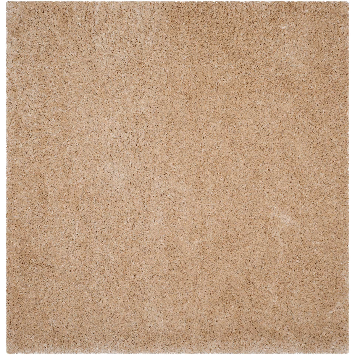 A square light beige shag rug offers a plush surface and a cozy neutral foundation.