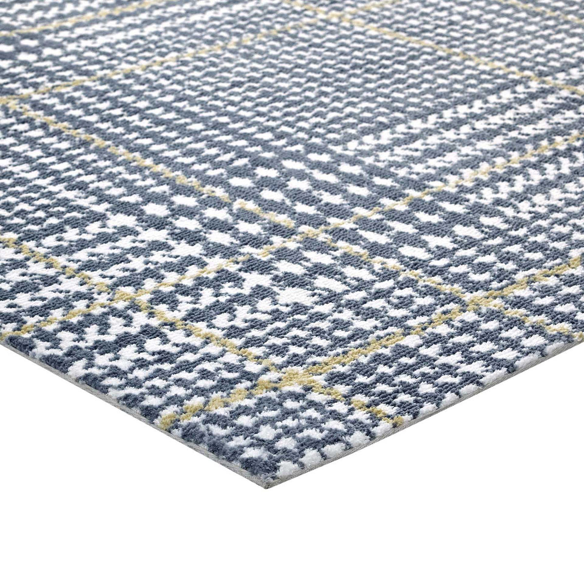 Soft blue and ivory low pile features citron accents and a neatly finished edge