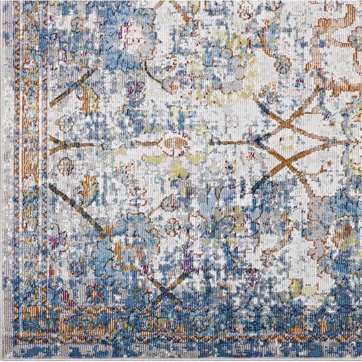 Soft blue florals and orange-gold accents mingle across an ivory lattice