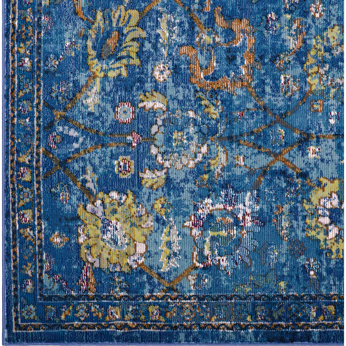 Golden blossoms and orange accents stand out against the rich blue floral lattice