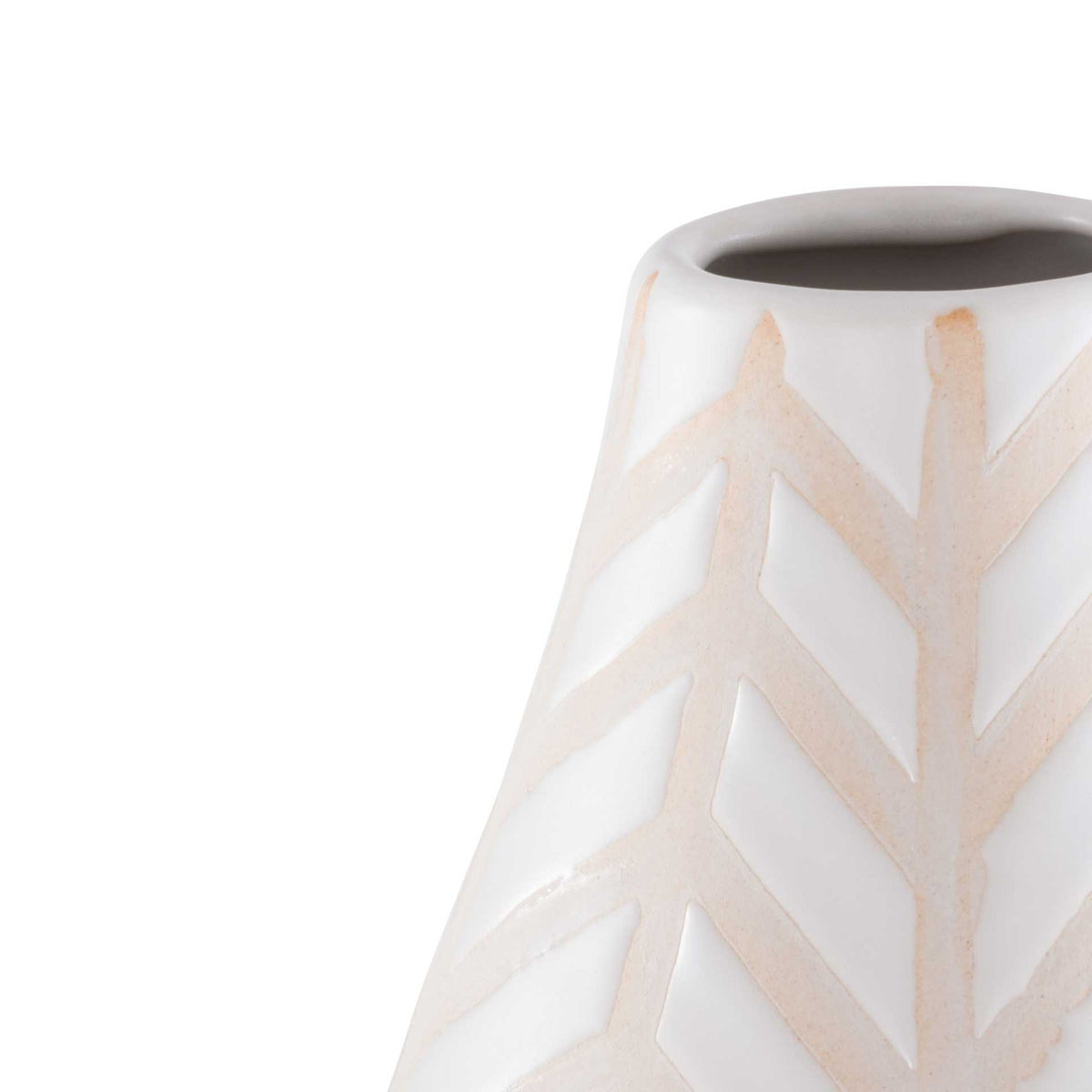 A smooth rim and raised chevron pattern add dimension to the glazed cream ceramic vase