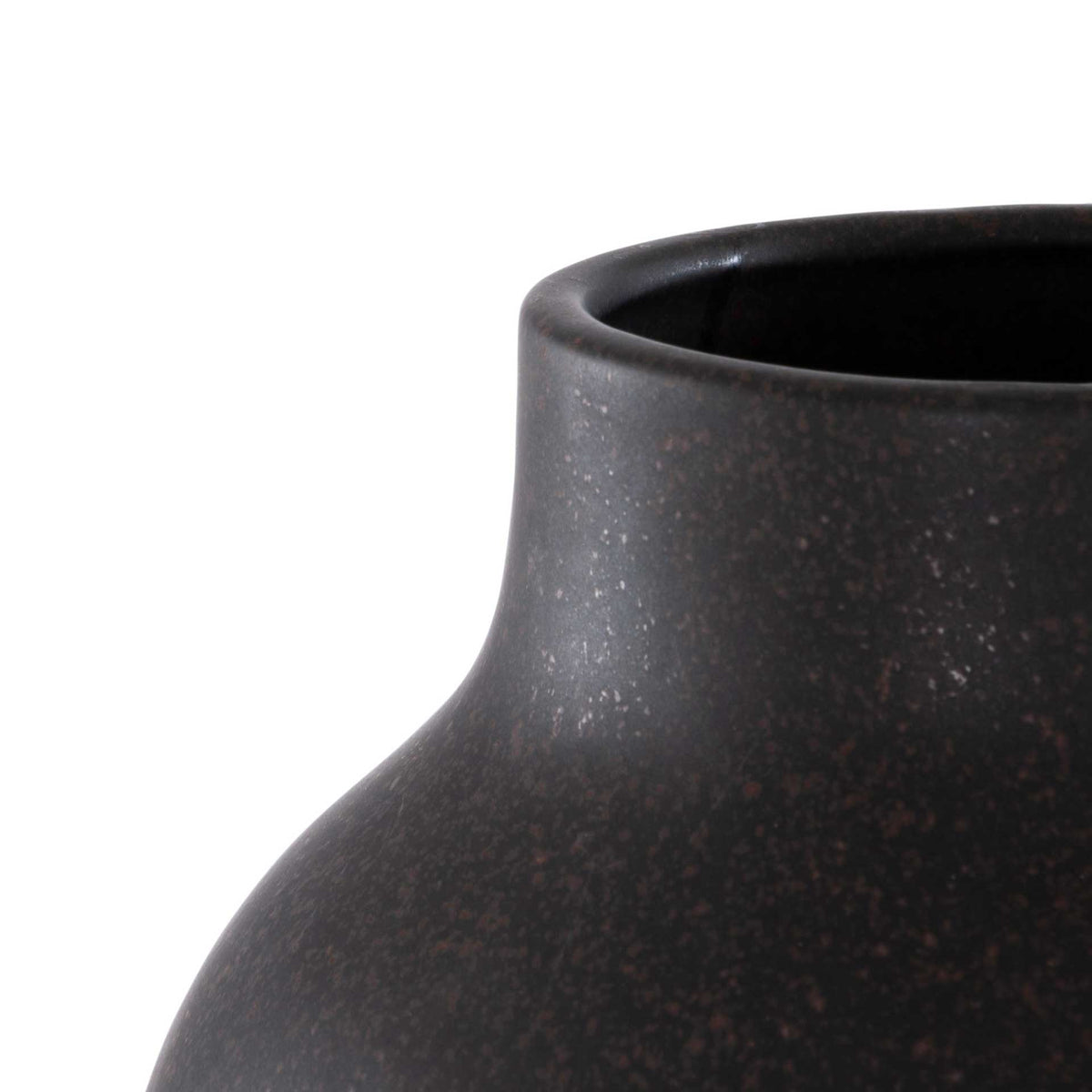A wide mouth and curved shoulder highlight the subtly speckled charcoal ceramic finish
