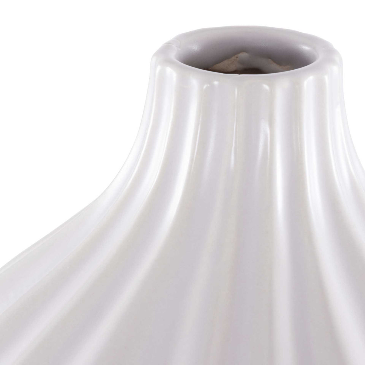 A rounded vase opening crowns flowing ridges and a glossy ivory ceramic surface