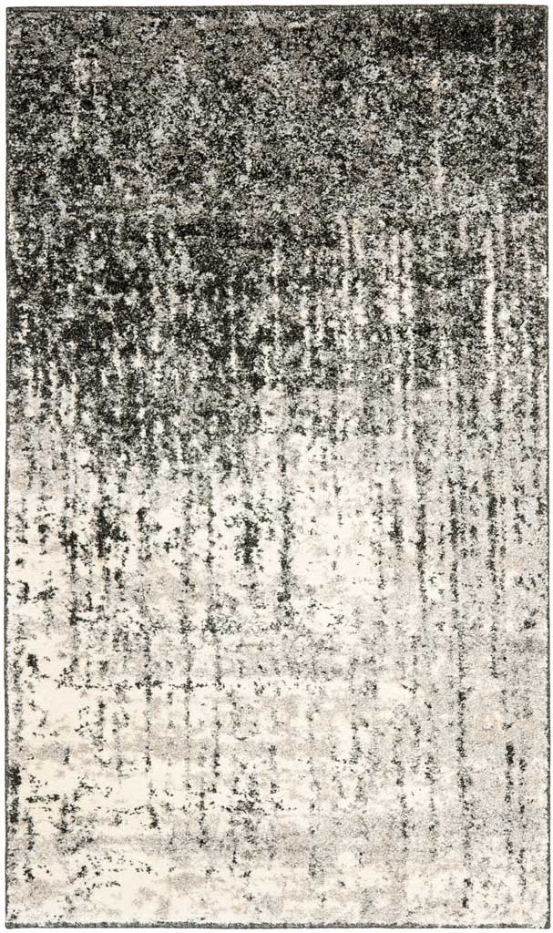 Compact rectangular rug fades from mottled black to light gray with a distressed abstract texture