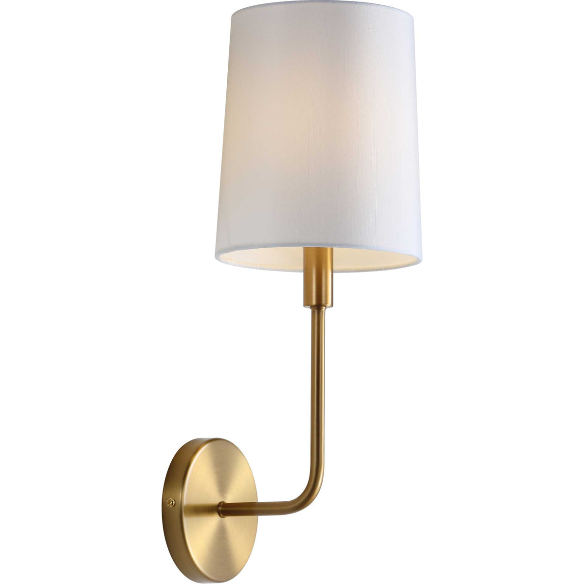 Warm light glows through the off-white shade above a slender brass-finished arm